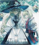  2girls alice_margatroid apron back_bow black_hat black_ribbon black_skirt black_vest blonde_hair blue_dress blue_eyes book bow braid bush capelet collar colored_pencil_(medium) commentary_request doll dress forest frilled_apron frilled_capelet frilled_collar frilled_hairband frilled_ribbon frills green_eyes hair_bow hairband hat hat_bow highres holding holding_book kirisame_marisa light_rays long_hair long_sleeves multiple_girls nature open_mouth puffy_short_sleeves puffy_sleeves red_bow red_hairband red_ribbon ribbon shirt short_hair short_sleeves single_braid skirt smile sorakun_ai1y touhou traditional_media vest white_apron white_bow white_capelet white_shirt witch_hat 