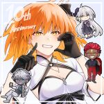  2boys 2girls ahoge anniversary artist_name ashwatthama_(fate) ashwatthama_(tour_outfit)_(fate) belt black_belt black_gloves black_shirt blue_eyes border bow breasts chaldea_logo chibi cup dress fate/grand_order fate_(series) fjfs522 flower fujimaru_ritsuka_(female) fujimaru_ritsuka_(female)_(fgo_fes._2025) gem gloves grin hair_bow hair_flower hair_ornament hair_slicked_back half-heart_hands hand_in_pocket hand_on_own_chest highres holding holding_cup holding_jacket holding_unworn_clothes index_finger_raised indra_(fate) indra_(fgo_fes._2025)_(fate) jacket jeanne_d&#039;arc_alter_(fate) jeanne_d&#039;arc_alter_(over_the_same_sky)_(fate) jewelry light_blush light_smile lightning_bolt_symbol long_hair looking_at_another looking_at_viewer multiple_boys multiple_girls necklace orange_eyes orange_hair pants red_pants shirt short_hair shrug_(clothing) sidelocks sitting small_breasts smile standing star_(symbol) strapless strapless_dress teeth unworn_jacket very_long_hair white_border white_jacket white_pants white_shrug yellow_eyes yellow_gemstone 