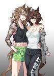  2girls agnes_tachyon_(umamusume) ahoge animal_ears arm_tattoo black_pants black_tank_top braid breasts camisole chemical_structure clenched_teeth crossed_bangs drawstring ear_ornament earrings glaring gradient_background green_shorts hair_between_eyes hair_ornament hairclip half_up_half_down_braid hand_in_pocket hand_on_another&#039;s_waist highres horse_ears horse_girl horse_tail jewelry jungle_pocket_(umamusume) looking_at_viewer matoi_sakuretsu medium_breasts medium_hair multiple_earrings multiple_girls notched_ear pants parted_lips red_eyes shorts single_earring small_breasts smile staring tail tank_top tattoo teeth umamusume upper_teeth_only white_camisole wolf_cut yellow_eyes yuri 