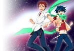 2boys :d belt blue_hair blue_pants breast_pocket chuo_tanegashima_high_school_uniform clenched_hands collared_shirt dress_shirt genki_dotou green_eyes green_scarf highres ikuhashi_muiko kidou_battle_gunvarrel male_focus midriff multiple_boys navel open_collar open_mouth pants pocket red_eyes red_hair red_shirt robotics;notes scarf school_uniform science_adventure shirt shirt_under_shirt short_hair short_sleeves smile spiked_hair t-shirt teeth tongue upper_teeth_only watch wristwatch yashio_kaito 