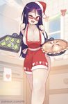  ;d apron black_hair blush breasts commentary cookie demi-chan_wa_kataritai demon_girl food hat highres large_breasts long_hair looking_at_viewer nearly_naked_apron one_eye_closed open_mouth oven_mitts patreon_username pie purple_eyes rtil santa_hat satou_sakie slender_waist smile solo strap_gap succubus thighs tray watermark web_address 