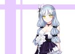  alternate_costume arms_at_sides bangs bare_shoulders black_choker blunt_bangs blush breasts choker cleavage closed_mouth collarbone dress earrings eyebrows_visible_through_hair facial_mark flower girls_frontline green_eyes hair_ribbon hairband hk416_(girls_frontline) jewelry layered_dress long_hair looking_at_viewer low-tied_long_hair low_twintails medium_breasts pendant ribbon rye_(beak_rie) sash smile strapless strapless_dress twintails two-tone_background upper_body white_flower white_hairband white_ribbon 