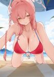  <|>_<|> 2girls absurdres all_fours beach beach_mat beach_umbrella bikini blue_archive blue_sky blush bow braid breasts chibi closed_mouth dataiquan day green_eyes hair_between_eyes hair_bow hair_intakes halo hanako_(blue_archive) hanako_(swimsuit)_(blue_archive) hanging_breasts highres koharu_(blue_archive) koharu_(swimsuit)_(blue_archive) large_breasts multiple_girls nose_blush ocean official_alternate_costume outdoors pink_hair pink_halo red_bikini single_braid sky smile solo_focus swimsuit umbrella under_umbrella white_bow 