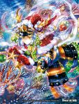  armor basket blue_hair christmas christmas_ornaments copyright_name coral force_of_will fur_trim gloves hat long_hair mermaid monster_girl noki_(affabile) official_art santa_hat solo sparkle star underwater yellow_eyes 