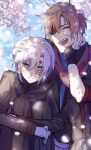  2boys allen_walker black_gloves black_order_uniform blue_shirt blue_sky branch brown_jacket brown_pants chain cherry_blossoms closed_eyes cloud collared_jacket d.gray-man denim denim_shorts eyepatch facial_mark facing_another falling_petals fang fingerless_gloves frown gloves gold_chain grey_eyes hair_between_eyes hand_on_another&#039;s_head hand_on_own_chin highres hugging_own_legs jacket lavi looking_down male_focus messy_hair military military_uniform multiple_boys one_eye_covered open_mouth orange_hair pants petals red_scarf rino_ebe scar scar_across_eye scar_on_face scarf shirt short_hair shorts sidelocks sitting sky smile star_(symbol) star_facial_mark striped_clothes striped_jacket striped_pants vertical-striped_clothes vertical-striped_jacket vertical-striped_pants white_gloves white_hair white_shorts 
