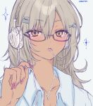  1girl brown_eyes brown_hair collarbone collared_shirt commentary_request cross cross_necklace dark-skinned_female dark_skin dated dress_shirt face_piercing fingernails grey_background hair_between_eyes hair_ornament hairclip hand_up headphones heremia highres jewelry latin_cross long_fingernails long_hair mole mole_under_mouth mouth_hold mouth_piercing nail_polish necklace original parted_lips piercing pink_nails shirt short_eyebrows simple_background solo star_(symbol) star_hair_ornament thick_eyebrows upper_body white_shirt 
