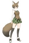  black_hair bow bowtie brown_hair coyote_(kemono_friends) coyote_ears coyote_tail full_body fur_trim green_eyes ise_(0425) kemono_friends multicolored_hair pleated_skirt scarf simple_background skirt solo standing thighhighs two-tone_hair white_background 