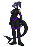  2017 anthro autumm_airwave big_breasts bodysuit breasts butt camel_toe catsuit_(disambiguation) clothed clothing digital_media_(artwork) female fierywitherrose fin fish footwear hair hi_res marine nova_whitesail shark simple_background skinsuit smile solo thick_thighs tight_clothing 