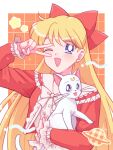  1girl aino_minako animal artemis_(sailor_moon) bishoujo_senshi_sailor_moon blonde_hair bow cat crescent crescent_facial_mark dress earrings facial_mark forehead_mark grid_background hair_bow highres holding holding_animal holding_cat jewelry long_hair open_mouth orange_background purple_eyes red_bow red_dress solo stud_earrings white_cat yumeko_(yumemexx) 