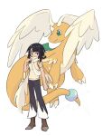  1girl alternate_costume black_hair boots brown_boots commentary_request dragonite hand_up highres medium_hair mega_dragonite pants pokemon pokemon_oras red_eyes scarf scarf_over_mouth shirt simple_background sleeveless sleeveless_shirt standing white_background xlii_idk zinnia_(pokemon) 