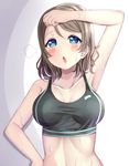  :o arm_up armpits bangs bare_arms bare_shoulders blue_eyes blush breasts brown_hair cleavage half-closed_eyes hand_on_hip looking_at_viewer love_live! love_live!_sunshine!! medium_breasts midriff mizukoshi_(marumi) open_mouth shiny shiny_skin short_hair solo sports_bra sweat swept_bangs upper_body watanabe_you white_background 