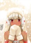  altera_(fate) altera_the_santa bangs bare_shoulders blunt_bangs blush bow covering_mouth dark_skin detached_sleeves earmuffs eyebrows_visible_through_hair fate/grand_order fate_(series) highres kohige mittens motion_blur own_hands_together red_eyes sheep short_hair snowing solo upper_body veil white_bow white_mittens 
