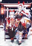  1girl blush bodysuit bodysuit_under_clothes breasts christmas fox fox_tail gloves hat highres large_breasts long_hair looking_at_viewer night open_mouth original outdoors red_eyes scarf silver_hair snow snowing standing sukage tail torii 