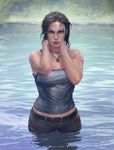  1girl areolae artist_name breasts brown_eyes brown_hair gradient gradient_background krystopher_decker lara_croft lips looking_at_viewer ponytail solo tank_top tomb_raider water wet 