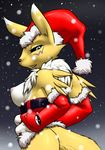  2017 anthro armwear black_sclera blue_eyes breasts bridal_gauntlets cheek_tuft christmas clothing corset digimon dipstick_ears female furball hands_on_hips hat hi_res holidays lingerie looking_at_viewer looking_back mostly_nude neck_tuft nipples open_mouth outside renamon santa_hat simple_background snow solo tuft yin_yang 