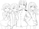  4girls aohashi_ame buttons closed_eyes erica_hartmann eyepatch feet_out_of_frame glasses hand_on_own_hip happy jacket long_hair looking_at_viewer military military_uniform miyafuji_yoshika multiple_girls neckerchief no_pants one_eye_closed open_mouth perrine_h._clostermann sailor_collar sakamoto_mio school_uniform shirt short_hair simple_background sketch smile standing strike_witches teeth upper_teeth_only world_witches_series yawning 