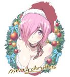  bare_shoulders blue_bow blush bobblehat bow breasts cleavage closed_mouth collarbone colored_stripes dress eyebrows_visible_through_hair fate/grand_order fate_(series) from_above fur-trimmed_dress hair_over_one_eye hat large_breasts lips looking_at_viewer looking_up mash_kyrielight merry_christmas red_dress red_hat santa_hat shiny shiny_hair short_hair simple_background smile solo strapless strapless_dress striped striped_neckwear tareme tonee upper_body white_background wreath 