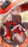  1girl absurdres ace_(playing_card) ace_of_hearts arch_a4 bare_shoulders black_flower black_garter_straps black_thighhighs blonde_hair blue_eyes breasts card cleavage closed_mouth collarbone commentary detached_sleeves dress flower garter_straps hair_between_eyes hat hat_flower heart highres holding holding_card large_breasts leg_up long_hair looking_at_viewer original playing_card puffy_short_sleeves puffy_sleeves red_dress red_hat red_sleeves see-through_cleavage see-through_clothes short_sleeves sleeveless sleeveless_dress smile solo thighhighs very_long_hair wide_brim 