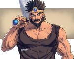  1boy axe bara beard black_facial_hair black_hair blue_gemstone border brown_tunic circlet collarbone commentary dragon_quest dragon_quest_iii facial_hair gem gold_circlet grey_eyes highres holding holding_axe holding_weapon looking_to_the_side male_focus mature_male muscular muscular_male ortega_(dq3) rovrov scar scar_across_eye scar_on_arm scar_on_face short_hair solo spiked_hair tunic upper_body weapon white_border 