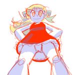  1girl android blonde_hair fupoo green_ribbon hair_ribbon heart long_hair no_humans panties ponytail ribbon robot rockman rockman_(classic) roll simple_background smile solo tied_hair underwear white_background white_panties 