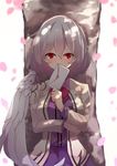  bow bowtie breasts cherry_blossoms chiroru_(cheese-roll) commentary_request covering_mouth feathered_wings hair_between_eyes hand_up heart highres holding jacket kishin_sagume letter looking_at_viewer love_letter medium_breasts open_clothes open_jacket purple_skirt red_eyes red_neckwear silver_hair simple_background single_wing skirt solo touhou tree upper_body white_background white_wings wind wings 