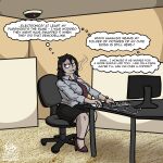 absurd_res birthmark bottomwear carpet chair cigarette clock clothing computer computer_mouse cubicle desk digital_media_(artwork) electronics english_text footwear frooby furniture green_eyes hi_res high_heels human keyboard mammal markings necktie office office_chair office_clothing reality_shift reverse_transformation security security_camera shirt shoes signature sitting skirt table text thought_bubble topwear transformation transformation_sequence watch