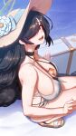 1girl absurdres between_breasts bikini black_bikini black_hair blue_archive blush breasts brown_hat cleavage commentary_request flower from_side hair_over_one_eye hat hat_flower highres hinata_(blue_archive) hinata_(swimsuit)_(blue_archive) large_breasts layered_swimsuit long_hair looking_at_viewer mixed-language_commentary official_alternate_costume official_alternate_hairstyle onbawa one-piece_swimsuit open_mouth red_eyes solo squatting sun_hat swimsuit thighs white_flower white_one-piece_swimsuit 
