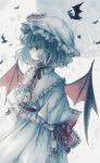  1girl back_bow bat_(animal) bat_wings blue_hair bow collar colored_pencil_(medium) commentary_request cowboy_shot frilled_bow frilled_collar frilled_wrist_cuffs frills full_moon hat hat_ribbon medium_hair mob_cap moon profile red_bow red_eyes red_ribbon red_sash red_wings remilia_day remilia_scarlet ribbon sash shirt skirt smile solo sorakun_ai1y sparkle touhou traditional_media white_background white_hat white_shirt white_skirt wings wrist_cuffs 