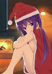  absurdres backlighting bare_arms bare_legs barefoot blurry blush bobblehat breasts cape christmas cleavage depth_of_field eyebrows_visible_through_hair fire fireplace fur-trimmed_cape fur-trimmed_hat fur_trim gochuumon_wa_usagi_desu_ka? hair_between_eyes hat highres indoors knees_to_chest knees_up light_particles long_hair looking_at_viewer medium_breasts mottsun_(i_40y) naked_cape on_floor open_mouth purple_eyes purple_hair red_hat santa_hat sitting solo tedeza_rize twintails 
