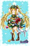  akino_coto arms_up blonde_hair christmas dress gloves highres magia_break official_art open_mouth original red_eyes solo standing tail tinsel twintails 