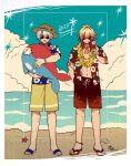  2boys alternate_costume amamizu_(shigure-doki) arm_tattoo beach blue_shirt blue_sky chest_tattoo cup floral_print_shirt flower flower_necklace hand_in_pocket hat hat_flower highres holding holding_cup honkai:_star_rail honkai_(series) male_focus male_swimwear multiple_boys mydei_(honkai:_star_rail) open_clothes open_shirt phainon_(honkai:_star_rail) red_swim_trunks red_tattoo shirt short_hair shorts sky straw_hat sunflower sunglasses swim_trunks tattoo toned toned_male watermark white_hair white_male_swimwear yellow_shorts 