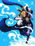 1boy armor borudbrian cigarette curly_eyebrows facial_hair hair_over_one_eye highres holding holding_cigarette knight male_focus mustache_stubble one_piece sanji_(one_piece) scabbard sheath smoking solo stubble sword weapon 