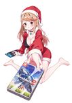  alternate_costume bikini blonde_hair blush breasts christmas cleavage hat highres hikari_(xenoblade_2) joy-con large_breasts long_hair looking_at_viewer navel nintendo nintendo_switch pout santa_costume santa_hat solo swimsuit video_game white_background xenoblade_(series) xenoblade_2 yellow_eyes z'co 