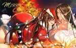  2boys alternate_costume artist_name ass bishounen black_hair blurry blush brown_hair chinese_clothes christmas christmas_lights christmas_tree collarbone couple crossdressing crossdressing_(mtf) dress english_text hair_ribbon hanfu hat highres korean_commentary lan_wangji long_hair looking_at_another lying lying_on_person male_focus merry_christmas modao_zushi multiple_boys nave_mdzs night on_back on_stomach open_clothes open_mouth parted_lips pectoral_cleavage pectorals ponytail purple_eyes red_dress red_hat red_ribbon ribbon santa_costume santa_dress santa_hat sidelocks signature smile tongue tongue_out twitter_username wei_wuxian white_hanfu white_ribbon yaoi yellow_eyes 