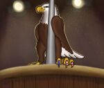 accipitrid accipitriform ambiguous_gender avian bald_eagle bird blue_eyes brown_body brown_feathers colored_nails eagle feathers feet female_(lore) feral low-angle_view multicolored_body nails pole_between_legs sea_eagle shaded sner solo stage stage_lights tail_fan talons toes two_tone_body white_body white_feathers