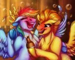 alcohol beer beer_bottle beverage blue_body blue_fur blush bottle brown_eyes bubble container duo equid equine feathered_wings feathers female friendship_is_magic fur hair hasbro hi_res lupiarts mammal multicolored_hair my_little_pony mythological_creature mythological_equine mythology pegasus rainbow_dash_(mlp) rainbow_hair spitfire_(mlp) wings wonderbolts_(mlp) yellow_body yellow_fur