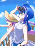  2girls absurdres adjusting_eyewear bare_shoulders blue_hair blue_nails blue_sky bracelet breasts closed_mouth cloud collared_shirt commentary day dress earrings english_commentary eyewear_on_head from_side hair_ornament hand_on_eyewear hand_up hat highres itsumeee3 jewelry live_union long_hair medium_breasts multicolored_hair multiple_girls nail_polish ocean open_mouth outdoors purple_hair purple_streaks red_eyes ruri_enma_(live_union) setono_toto_(live_union) shirt sky sleeveless sleeveless_dress sleeveless_shirt small_breasts smile straw_hat sunglasses virtual_youtuber white_dress white_shirt yellow_eyes yellow_hat 