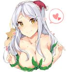  blitzen blue_hair blush breasts cleavage closed_mouth collarbone commentary_request eve_santaclaus eyebrows_visible_through_hair hat heart idolmaster idolmaster_cinderella_girls large_breasts long_hair looking_at_viewer mini_hat nude red_hat reindeer santa_hat seaweed simple_background smile solo speech_bubble spoken_heart sweat tuxedo_de_cat upper_body white_background yellow_eyes 