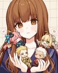  2boys 3girls ahoge anger_vein animal_ear_fluff animal_ears archer_(cool_and_wild)_(fate) archer_(fate) armor armored_boots black_choker black_hat black_shoes blonde_hair blue_bow blue_serafuku blue_shirt blush boots bow bridal_veil bride brown_eyes brown_hair brown_pants checkered_background choker closed_eyes closed_mouth collarbone collared_shirt commentary_request crossed_arms crossed_legs dark-skinned_male dark_skin dress evil_smile fate/extra fate/extra_ccc fate_(series) flower fox_ears fox_girl fox_tail frills gauntlets gilgamesh_(fate) gloves green_eyes hair_between_eyes hair_bow half-closed_eyes hands_up hat hat_bow hat_flower hat_ornament heart high_ponytail holding karokuchitose kishinami_hakuno_(female) long_hair long_sleeves looking_at_another looking_down mini_hat mini_person miniboy minigirl multiple_boys multiple_girls navel neckerchief nero_claudius_(bride)_(fate) nero_claudius_(fate) official_alternate_costume open_clothes open_mouth open_shirt pants pink_hair pointing pointing_at_another ponytail puffy_long_sleeves puffy_sleeves red_eyes red_neckerchief red_shirt sailor_collar school_uniform serafuku shirt shoes short_hair sidelocks sitting smile speech_bubble spoken_anger_vein spoken_heart sweatdrop tail tamamo_(fate) tamamo_no_mae_(fate) tamamo_no_mae_(sable_mage)_(fate) teeth tsukumihara_academy_uniform_(fate/extra_ccc) upper_body v-shaped_eyebrows veil white_bow white_dress white_flower white_gloves white_hair white_hat white_veil yellow_armor yellow_background 
