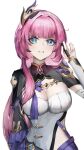  1girl absurdres blue_eyes breasts cleavage corset cosmetics elysia_(honkai_impact) elysia_(miss_pink_elf)_(honkai_impact) hair_ornament highres holding holding_lipstick_tube honkai_(series) honkai_impact_3rd kailu_(kyshiro) large_breasts lipstick_tube long_hair looking_at_viewer pink_hair shrug_(clothing) simple_background smile solo very_long_hair white_background white_corset 