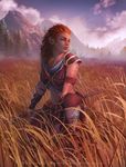  1girl aloy_(horizon) armor blue_sky boots braid brown_hair cloud day freckles grass green_eyes horizon_zero_dawn krystopher_decker long_hair looking_at_viewer navel open_mouth realistic sky solo 