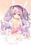  animal_ears azur_lane bangs bare_shoulders bed_sheet breasts bunny_ears chestnut_mouth collarbone commentary_request eyebrows_visible_through_hair fur-trimmed_jacket fur_trim grey_hair hair_between_eyes hair_ornament hairband jacket laffey_(azur_lane) long_hair long_sleeves looking_at_viewer naked_coat natsuki_yuu_(amemizu) nipples no_shoes off_shoulder parted_lips pink_jacket red_hairband sitting small_breasts solo thighhighs twintails very_long_hair wariza white_legwear 