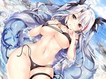  anchor azur_lane bangs bikini black_bikini black_ribbon blue_innertube blue_sky bow breasts brown_eyes cloud covered_nipples day dutch_angle eyebrows_visible_through_hair fujima_takuya hair_bow hair_ribbon hand_on_own_chest hands_up innertube large_breasts long_hair looking_at_viewer lying navel on_back outdoors parted_bangs partially_submerged prinz_eugen_(azur_lane) red_hair ribbon silver_hair sky smile solo stomach summer swimsuit thigh_strap twintails twitter_username underboob untied untied_bikini very_long_hair water wavy_hair 