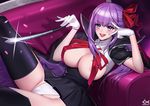  bb_(fate)_(all) bb_(fate/extra_ccc) black_legwear breasts cameltoe citemer coat commentary fate/extra fate/extra_ccc fate_(series) gloves hair_ribbon holding holding_wand large_breasts leg_lift leg_up legs long_hair lying miniskirt no_shirt on_back panties purple_eyes purple_hair ribbon shirt shoes skirt smile solo thighhighs thighs trefoil underwear very_long_hair wand white_panties 