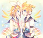  1girl akiyoshi_(tama-pete) blonde_hair blue_eyes commentary_request detached_sleeves face-to-face fang hair_ribbon headphones headset highres kagamine_len kagamine_rin looking_at_another navel_cutout neck_ribbon necktie open_mouth ribbon sailor_collar short_hair short_ponytail sleeveless smile star vocaloid 