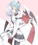  alternate_costume apron bat_wings blue_eyes blue_hair braid closed_eyes hair_ribbon holding izayoi_sakuya lifting_person looking_at_another maid maid_apron maid_headdress multiple_girls pantyhose remilia_scarlet ribbon sakuraba_yuuki short_hair silver_hair skirt smile touhou twin_braids white_hair wings yuri 