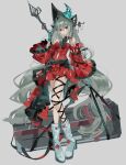  1girl absurdres arknights ascot bare_shoulders boots breasts commentary detached_sleeves dress enne_kl full_body gloves grey_hair hair_ornament hat highres legs long_hair parted_lips red_eyes short_dress skadi_(arknights) skadi_the_corrupting_heart_(arknights) sleeveless sleeveless_dress staff thigh_strap very_long_hair weapon_case 