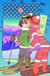  bad_id bad_twitter_id beanie black_hair blush brown_hair cheek_kiss closed_eyes full_moon green_eyes hat highres kiss kuroki_tomoko lipstick_mark mokofann moon mountain multiple_girls open_mouth red_moon ski_gear ski_goggles skis snow_boots snowboard uchi_emiri watashi_ga_motenai_no_wa_dou_kangaetemo_omaera_ga_warui! yuri 