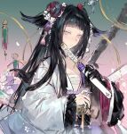  1girl absurdres animal_ears arknights black_hair blunt_bangs chinese_commentary commentary expressionless gradient_background green_background grey_eyes grey_kimono hair_ornament hand_up highres holding holding_sword holding_weapon japanese_clothes kimono long_hair long_sidelocks looking_at_viewer mio_(arknights) sarashi sheath sheathed short_sword sidelocks sketch solo sword tantou tassel tassel_hair_ornament upper_body weapon wide_sleeves xiangchizhubijin 