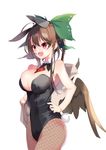  animal_ears bare_arms bare_shoulders black_leotard black_neckwear bow bowtie breasts brown_hair bunny_ears bunny_tail bunnysuit cleavage cowboy_shot detached_collar fishnet_pantyhose fishnets green_bow hair_bow hand_on_hip highres large_breasts leotard long_hair open_mouth pantyhose ponytail red_eyes reiuji_utsuho simple_background smile solo tail tetsurou_(fe+) third_eye touhou white_background wings 